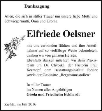 Traueranzeige von Elfriede Oelsner  von Magdeburger Volksstimme