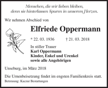 Traueranzeige von Elfriede Oppermann  von Magdeburger Volksstimme