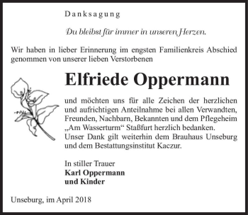 Traueranzeige von Elfriede Oppermann  von Magdeburger Volksstimme