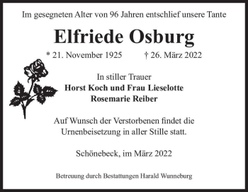Traueranzeige von Elfriede Osburg  von Magdeburger Volksstimme