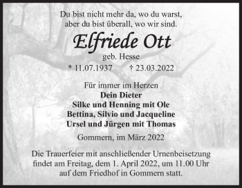 Traueranzeige von Elfriede Ott (geb. Hesse)  von Magdeburger Volksstimme
