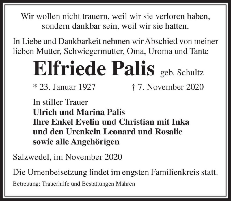  Traueranzeige für Elfriede Palis (geb. Schultz)  vom 14.11.2020 aus Magdeburger Volksstimme