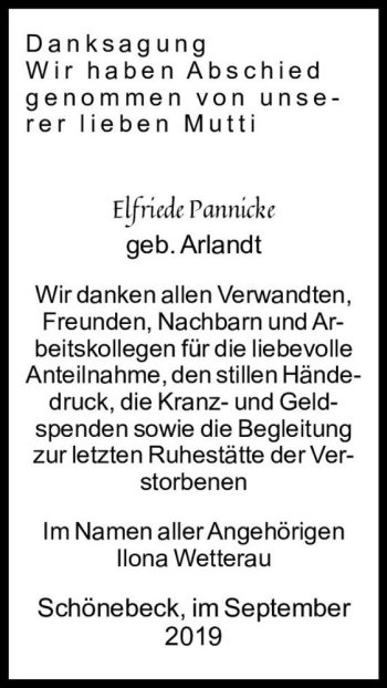 Traueranzeige von Elfriede Pannicke (geb. Arland)  von Magdeburger Volksstimme