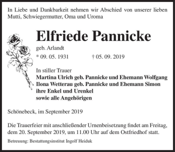 Traueranzeige von Elfriede Pannicke (geb. Arlandt)  von Magdeburger Volksstimme