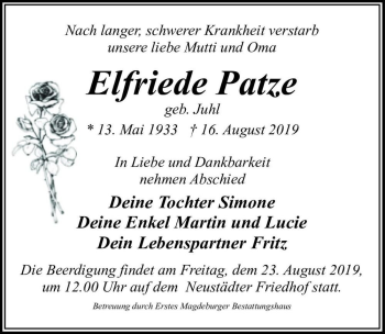 Traueranzeige von Elfriede Patze (geb. Juhl)  von Magdeburger Volksstimme