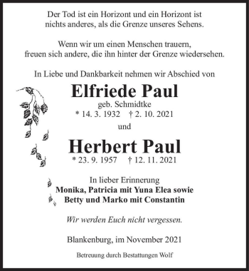 Traueranzeige von Elfriede Paul (geb. Schmidtke) und Herbert Paul  von Magdeburger Volksstimme