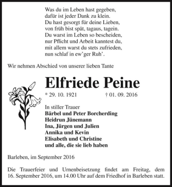 Traueranzeige von Elfriede Peine  von Magdeburger Volksstimme