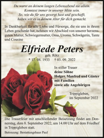 Traueranzeige von Elfriede Peters (geb. Rötz)  von Magdeburger Volksstimme