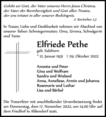 Traueranzeige von Elfriede Pethe (geb. Salzborn)  von Magdeburger Volksstimme