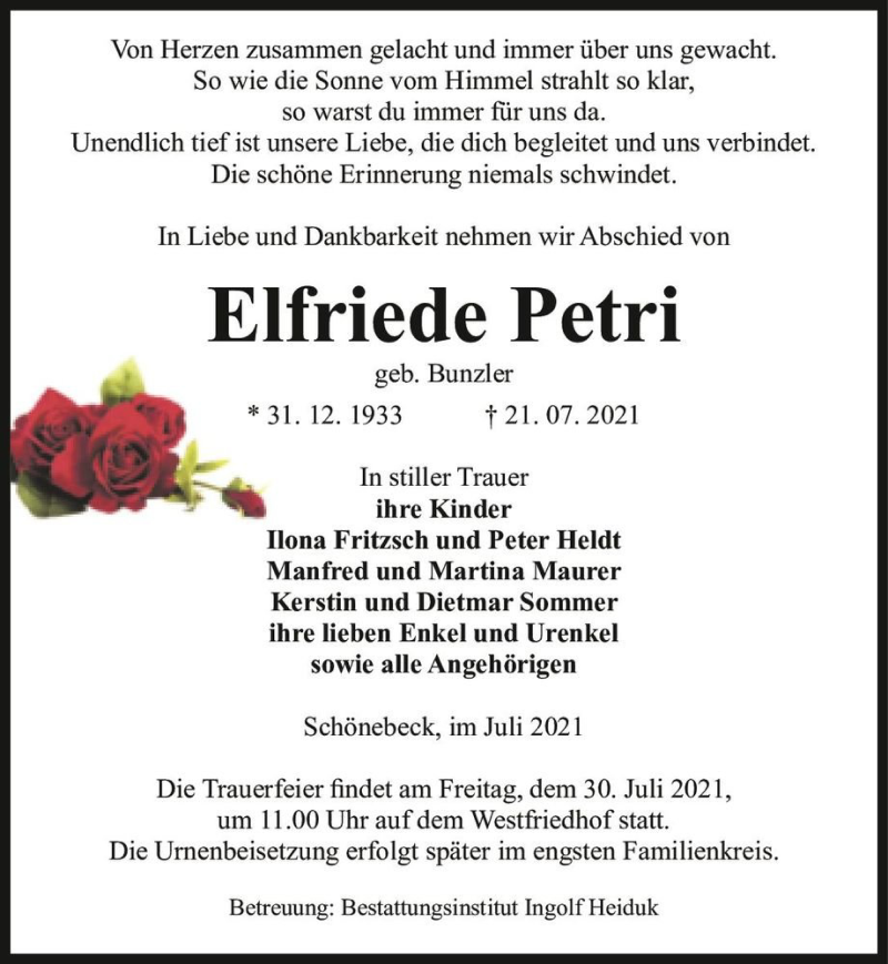  Traueranzeige für Elfriede Petri (geb. Bunzler)  vom 24.07.2021 aus Magdeburger Volksstimme