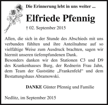 Traueranzeige von Elfriede Pfennig  von Magdeburger Volksstimme