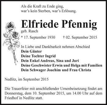 Traueranzeige von Elfriede Pfennig (geb. Rasch)  von Magdeburger Volksstimme