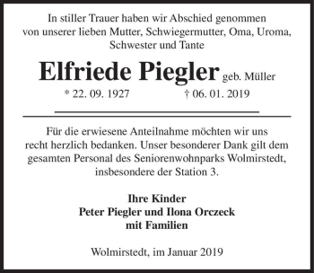 Traueranzeige von Elfriede Piegler (geb. Müller)  von Magdeburger Volksstimme