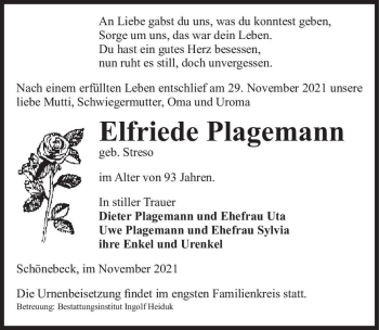 Traueranzeige von Elfriede Plagemann (geb. Streso)  von Magdeburger Volksstimme