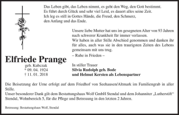 Traueranzeige von Elfriede Prange (geb. Kubczak)  von Magdeburger Volksstimme