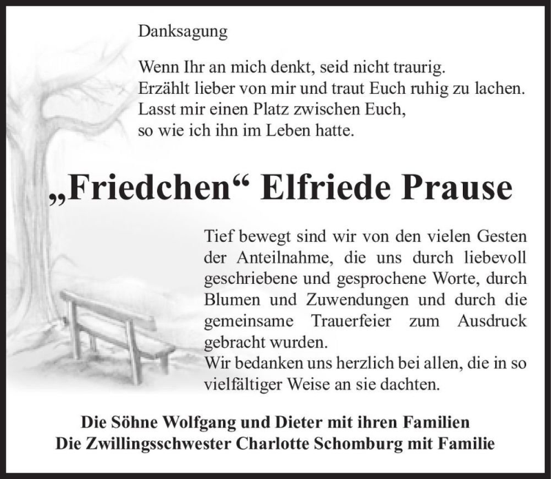  Traueranzeige für Elfriede Prause  vom 25.07.2020 aus Magdeburger Volksstimme