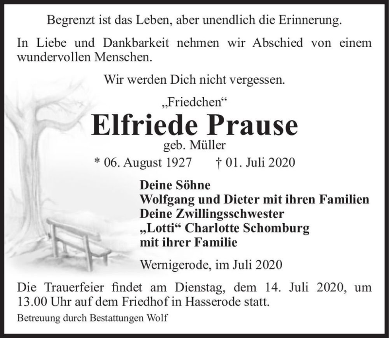  Traueranzeige für Elfriede Prause (geb. Müller)  vom 04.07.2020 aus Magdeburger Volksstimme