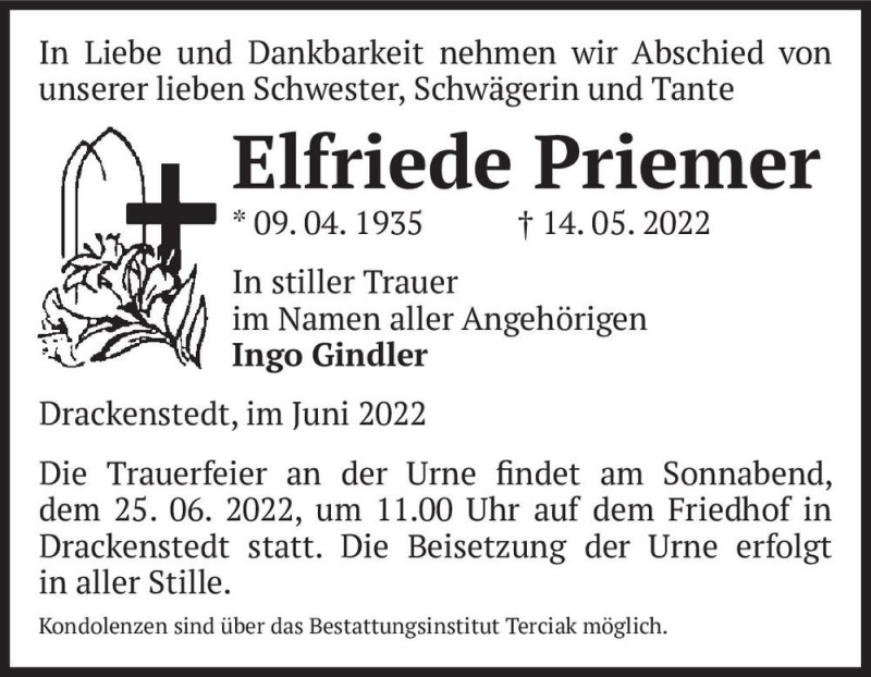  Traueranzeige für Elfriede Priemer  vom 11.06.2022 aus Magdeburger Volksstimme