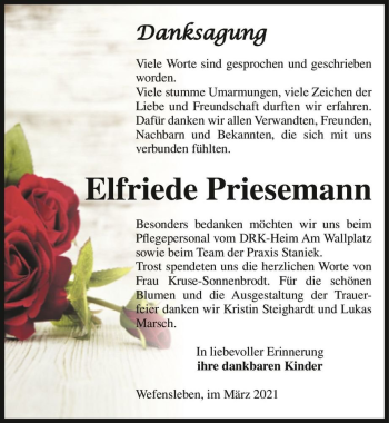 Traueranzeige von Elfriede Priesemann  von Magdeburger Volksstimme