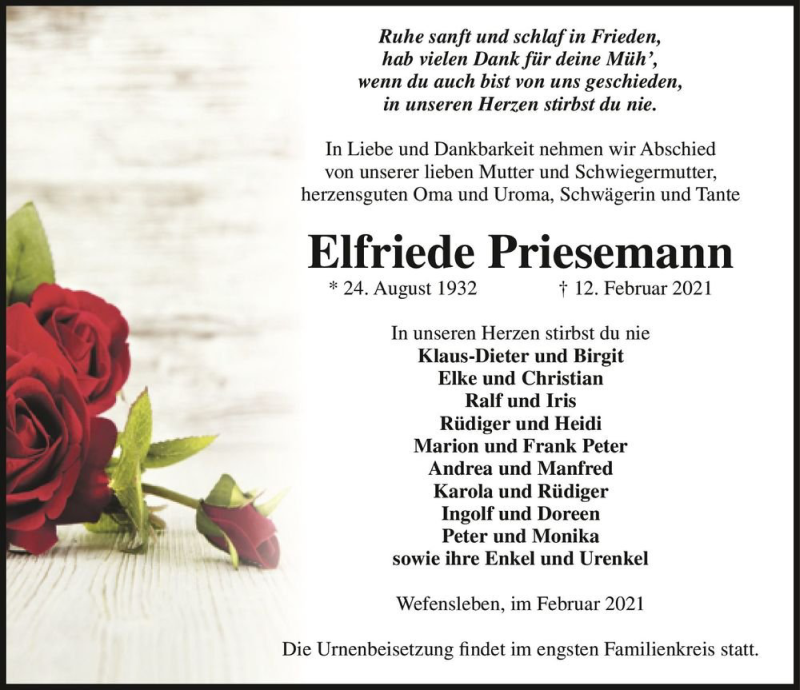  Traueranzeige für Elfriede Priesemann  vom 19.02.2021 aus Magdeburger Volksstimme