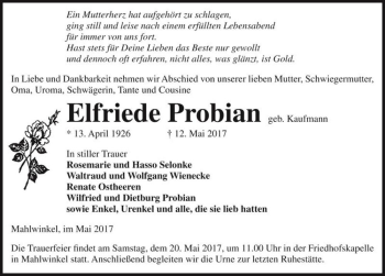 Traueranzeige von Elfriede Probian (geb. Kaufmann)  von Magdeburger Volksstimme