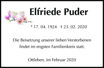 Traueranzeige von Elfriede Puder  von Magdeburger Volksstimme