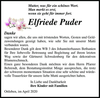 Traueranzeige von Elfriede Puder  von Magdeburger Volksstimme