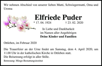 Traueranzeige von Elfriede Puder  von Magdeburger Volksstimme