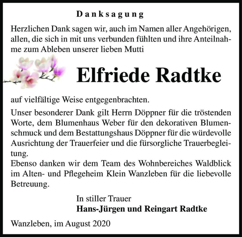  Traueranzeige für Elfriede Radtke  vom 05.09.2020 aus Magdeburger Volksstimme