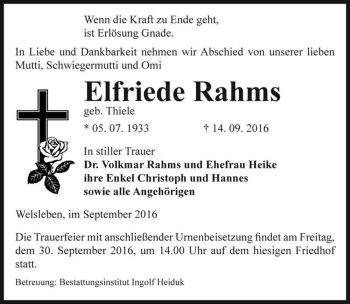 Traueranzeige von Elfriede Rahms (geb. Thiele)  von Magdeburger Volksstimme