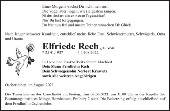Traueranzeige von Elfriede Rech (geb. Witt)  von Magdeburger Volksstimme