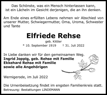 Traueranzeige von Elfriede Rehse (geb. Kittler)  von Magdeburger Volksstimme