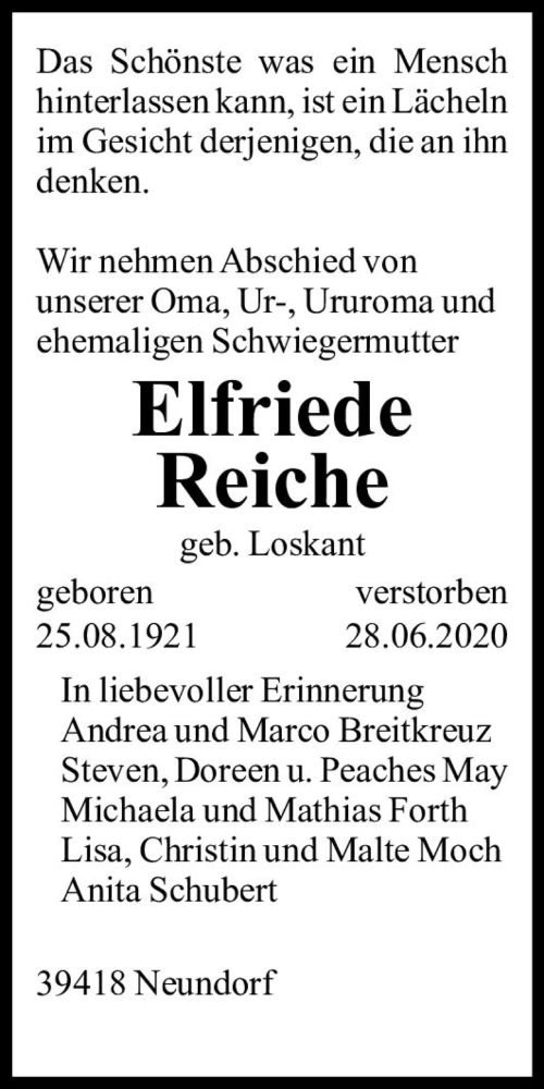  Traueranzeige für Elfriede Reiche (geb. Loskant)  vom 11.07.2020 aus Magdeburger Volksstimme