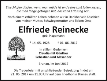 Traueranzeige von Elfriede Reinecke (geb. Hagemann)  von Magdeburger Volksstimme