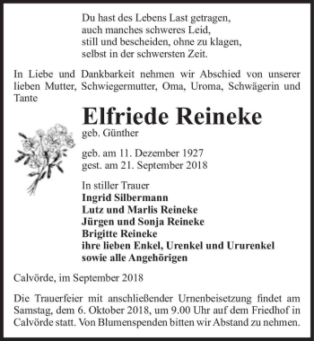 Traueranzeige von Elfriede Reineke (geb. Günther)  von Magdeburger Volksstimme