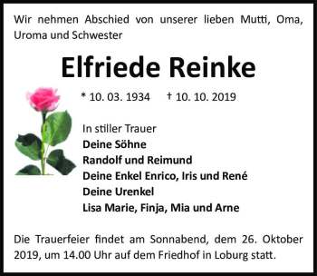 Traueranzeige von Elfriede Reinke  von Magdeburger Volksstimme