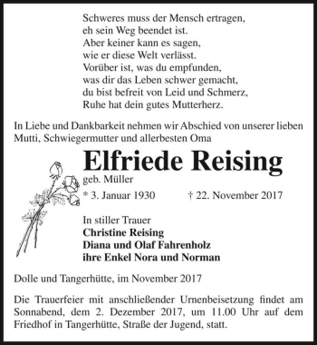 Traueranzeige von Elfriede Reising (geb. Müller)  von Magdeburger Volksstimme