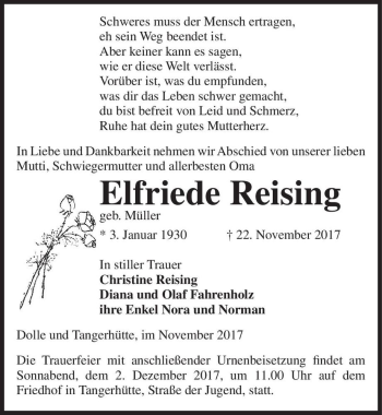 Traueranzeige von Elfriede Reising (geb. Müller)  von Magdeburger Volksstimme