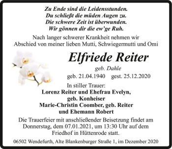 Traueranzeige von Elfriede Reiter (geb. Dahle)  von Magdeburger Volksstimme