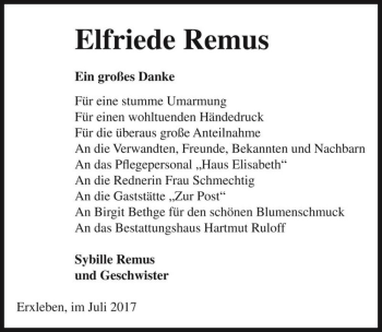 Traueranzeige von Elfriede Remus  von Magdeburger Volksstimme