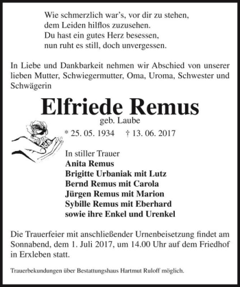 Traueranzeige von Elfriede Remus (geb. Laube)  von Magdeburger Volksstimme