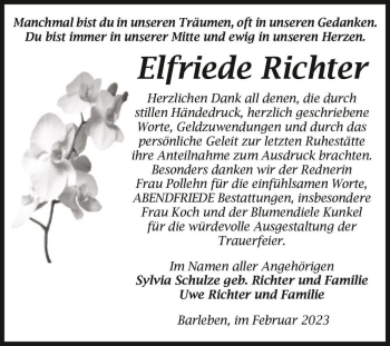Traueranzeige von Elfriede Richter  von Magdeburger Volksstimme
