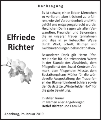 Traueranzeige von Elfriede Richter  von Magdeburger Volksstimme