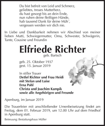Traueranzeige von Elfriede Richter (geb. Bartsch)  von Magdeburger Volksstimme