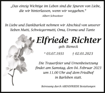 Traueranzeige von Elfriede Richter (geb. Bieneck)  von Magdeburger Volksstimme