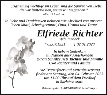 Traueranzeige von Elfriede Richter (geb. Bieneck)  von Magdeburger Volksstimme