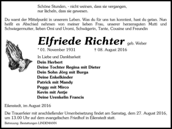 Traueranzeige von Elfriede Richter (geb. Weber)  von Magdeburger Volksstimme
