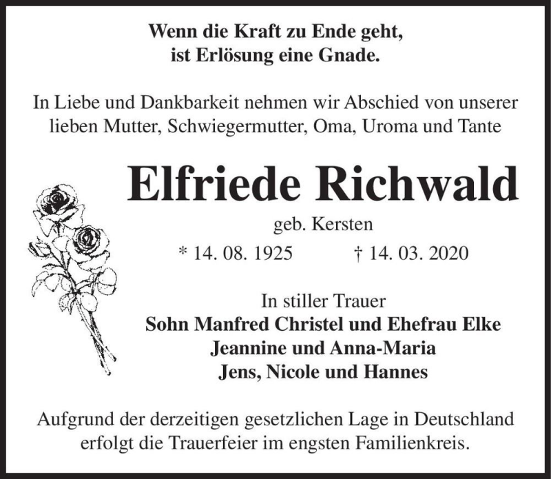  Traueranzeige für Elfriede Richwald (geb. Kersten)  vom 21.03.2020 aus Magdeburger Volksstimme