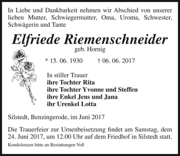 Traueranzeige von Elfriede Riemenschneider (geb. Hornig)  von Magdeburger Volksstimme