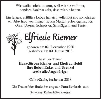 Traueranzeige von Elfriede Riemer  von Magdeburger Volksstimme